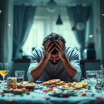 A man with head in hands (hangover) surrounded by a mess of food and drink