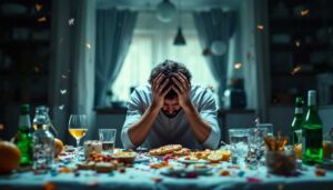 A man with head in hands (hangover) surrounded by a mess of food and drink