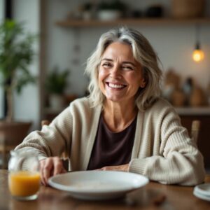 Woman looking satisfied after eating a meal using natural appetite suppressants